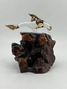Glass Dolphin on Wood Base- Clear and Gold Dolphin - Picture 1 of 8