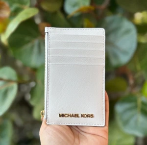 MICHAEL KORS JET SET TRAVEL TOP ZIP CARD CASE LEATHER WALLET OPTIC WHITE - Picture 1 of 11