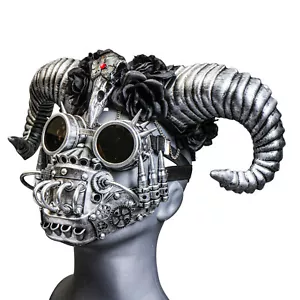 Silver Raven Ram Horn Headband w/ Steampunk Goggle Mask Hallween Party Costume - Picture 1 of 5