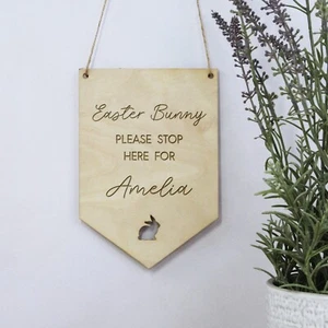 Personalised Easter Bunny Please Stop Here Sign Hanging Wood Easter Ornament - Picture 1 of 10