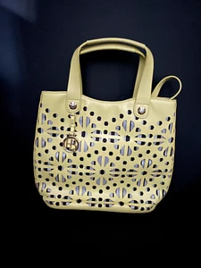 Henri Bendel Laser Cut Floral Centennial Striped Yellow/Green Shopper Bag - Picture 1 of 1