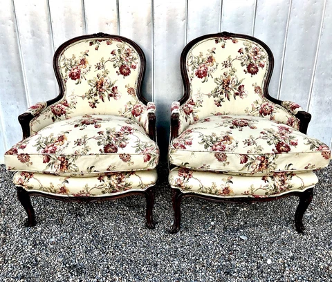 Vintage French Bergere Armchairs - Floral Linen - Down Filled - Pair Cover