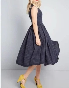 Vestido Rockabilly Modcloth Fabuloso Ajuste y Acampanado Tul Azul Marino Lunares Años 50 Talla 24 - Imagen 1 de 9