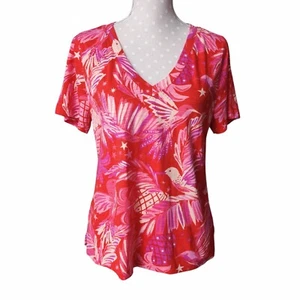 SIGRID OLSEN T-Shirt Tropical Print M V-Ausschnitt Kurzarm Oberteil Tee Rot Damen - Bild 1 von 6
