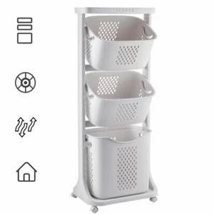 Wäschekorb uf Rollen Wäschewagen Wäschesortierer Wäschesammler Plastik Körbe 82L - Bild 1 von 12