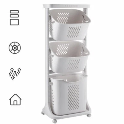 Wäschekorb uf Rollen Wäschewagen Wäschesortierer Wäschesammler Plastik Körbe 82L - Bild 1 von 4