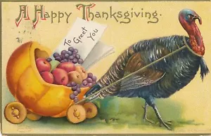 THANKSGIVING - Clapsaddle signierte Türkei zieht Kürbis auf Rädern Postkarte - Bild 1 von 2