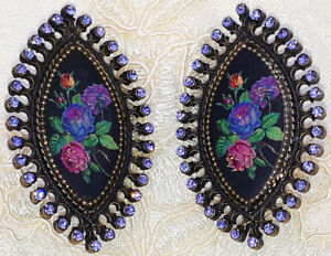 Michal Negrin Clip On Earrings Purple Roses Swarovski Crystals Victorian Antique