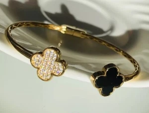 Rachel Zoe Gold Plated CZ Onyx Double Clover Leaf Sterling Silver Bangle NWOT - Picture 1 of 10
