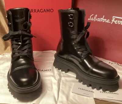 Authentic Ferragamo Black Leather Luged Combat Boots Size7.5 (Fit Sizes 8) - Image 1 of 4