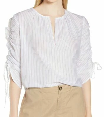 Blusa Nordstrom Signature Mujer Rayas Blanco Azul Cuello Dividido Talla S $229 Foto 1 de 3