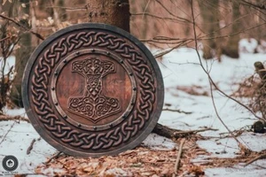 Thor Hammer Looking Antique Wooden Viking Shield Wall Art Handmade Gift for Him - Picture 1 of 7