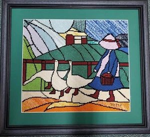Finished Needlework Art Picture Framed Girl Geese Farm Yetta Cottage Vintage - Picture 1 of 11