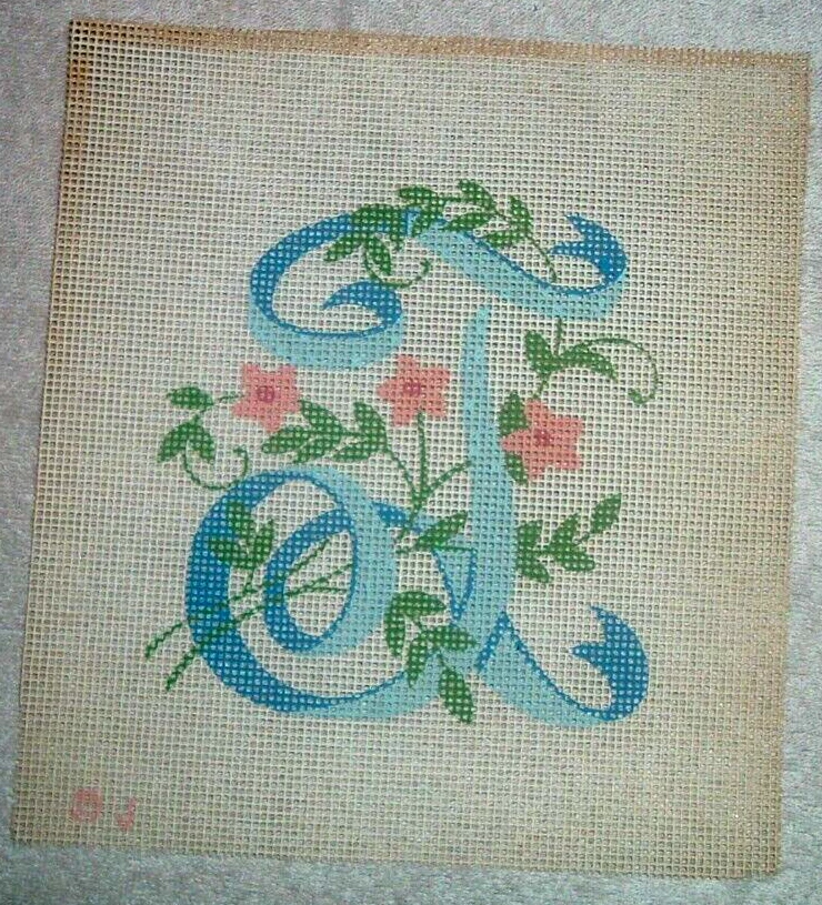 Floral Monogram Letter "J" Vintage Needlepoint Canvas - Image 1 of 1
