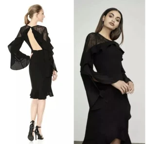 ABITO MIDI NUOVO CON ETICHETTE BCBG MAXAZRIA DELANEY PIZZO DRAMMATICO LS VOLANT TAGLIA 10 $338 - Foto 1 di 10
