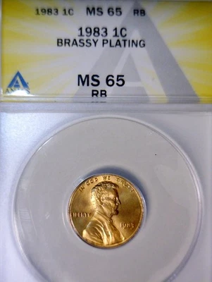 1983 ERROR ANACS MS65 STRUCK N BRASS Planchet Off Metal Lincoln Cent BU Coin - Image 1 of 4