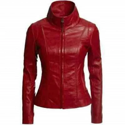 Chaqueta de motociclista de piel de cordero roja suave genuina 100 % cuero genuino para mujer Foto 1 de 4