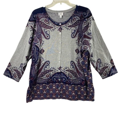 Cardigã suéter feminino Dressbarn estampa paisley 2X cinza marinho borgonha botão para cima - Imagem 1 de 4