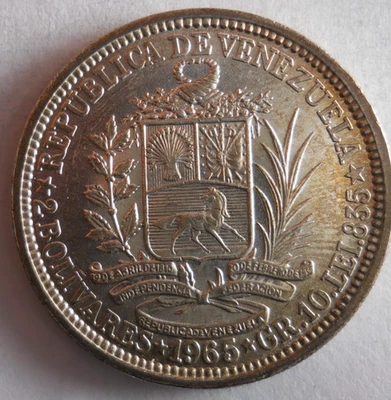 1965 VENEZUELA 2 BOLIVARES - AU - RARE TYPE SILVER COIN - Lot #N26 - Image 1 of 2