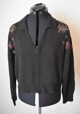 Black Collared Jumper H&M XL 18 20 22 Knit DIY Star Applique Long Sleeve Pullove - Image 1 of 4