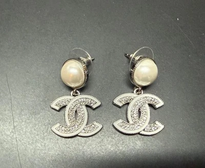 CHANEL Coco White Pearl Glister CC Logo Drop Dangle Silver Tone Earrings Receipt - Image 1 of 4