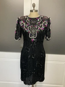 Vintage Laurence Kazar Pailletten Perlen Trophäe Seide Etuikleid Cocktail 80er Gr. Medium - Bild 1 von 11