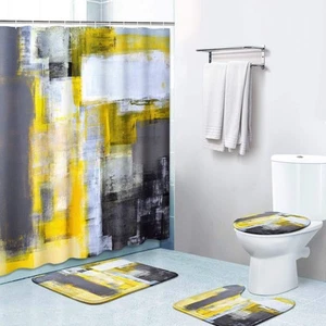 4 Piece Shower Curtain Sets with 12 Hooks, Yellow Gray White with Non-Slip Ru... - Picture 1 of 7
