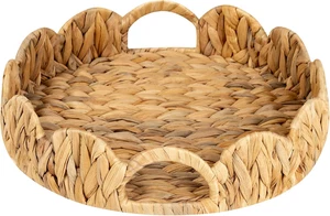 Scalloped Tray, round Basket Tray Wicker Rattan Serving Tray with Handles, Scall - Picture 1 of 12