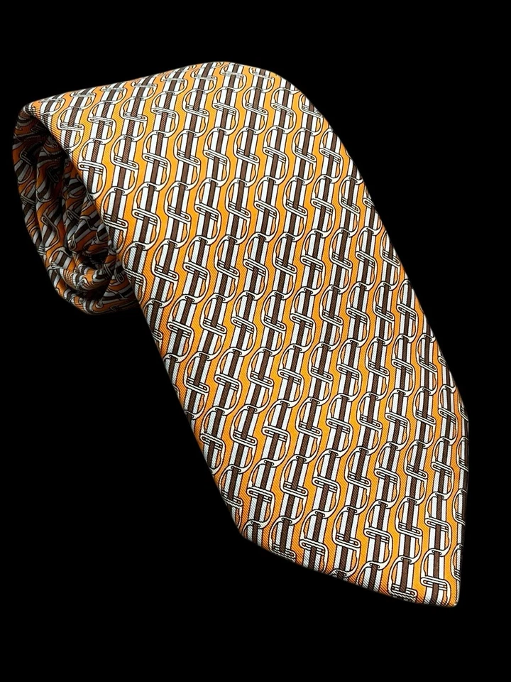 Gravata Hermes gravata de seda 5436 FA fita estribo listrada laranja equestre 3,5 - Imagem 1 de 4