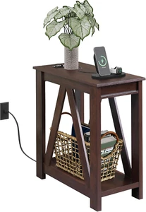 Narrow End Table with Charging Station of Open Storage Shelf,Sofa Side Table wit - Picture 1 of 8
