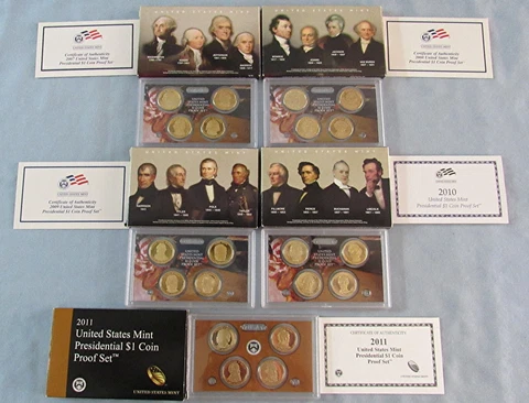 2007 2008 2009 2010 2011 U.S Mint Presidential dollar coin Proof Sets w/COA Cover
