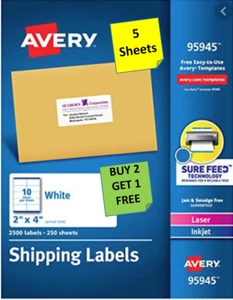[5 hojas] Etiquetas de correo Avery 95945/5163/5263/5963 de inyección de tinta/láser de 2" x 4" B2G1 - Imagen 1 de 1
