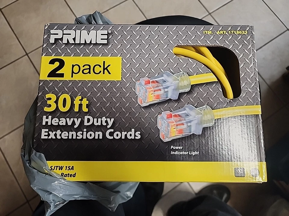 Prime Wire 30 Ft 12/3 Yellow Extension Cords Heavy Duty 2 Pc Light Indicator - Image 1 of 4
