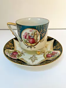 1950er Royal Sealy Japan türkis Gold Portrait 3 Fuß Demitasse Teetasse & Untertasse - Bild 1 von 9