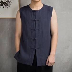 Men Linen Cotton Kungfu Waistcoat Vest Gilet Chinese Frog Button Retro Casual - Picture 1 of 17