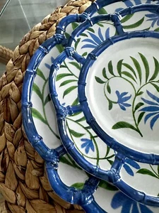 Tommy Bahama 8 Melamine Dinner & Salad Plates Blue Green White Scalloped Rattan - Picture 1 of 11