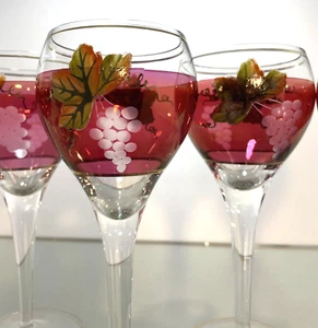 1970's Romanian Cranberry Wine Glasses 6 Etched Grapes Hand Painted Leaves  7”T - Picture 1 of 12