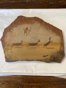 Vintage Native American Hunter & Deer Slate Rock Cave Painting Signed TAUZ '89 - Picture 1 of 17