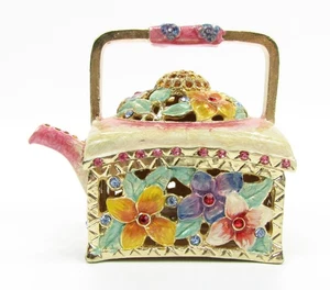 Sorelle Floral Enamel and Rhinestone Watering Can/Teapot Trinket Box - Picture 1 of 8