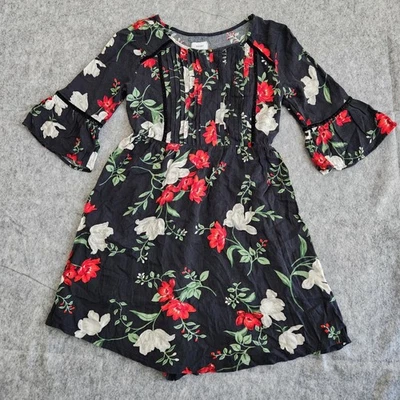 Old Navy Waist Defined Pintuck Dress Girls XL Black Floral Midi Cottagecore Boho - Image 1 of 4
