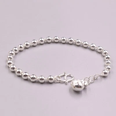 Women's Pure 999 Fine Silver Bracelet 5mm Bead Link Chain Bag Charm 7.48inch - Image 1 of 4