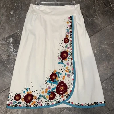 A Common Thread NWT Embroidered Sequined Faux Wrap Midi Skirt Medium Ivory - Image 1 of 4