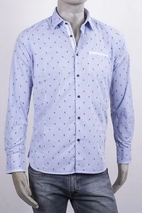 CAMICIA AL MILANO CELESTE QUADRETTI CELESTE CON STAMPA PALME E INTARSI SLIM FIT - Foto 1 di 8