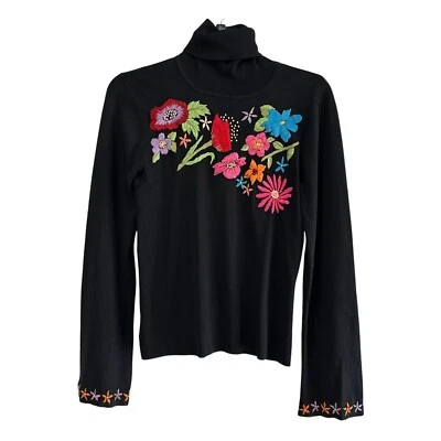 Suéter De Colección Y2k Para Mujer Negro Bordado Floral Brillante Cuello Alto Talla Pequeña Foto 1 de 4