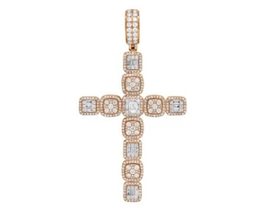 14K Rose Gold Halo Baguette Cluster Real Diamond Cross Pendant 3" 3 1/2CT - Afbeelding 1 van 5