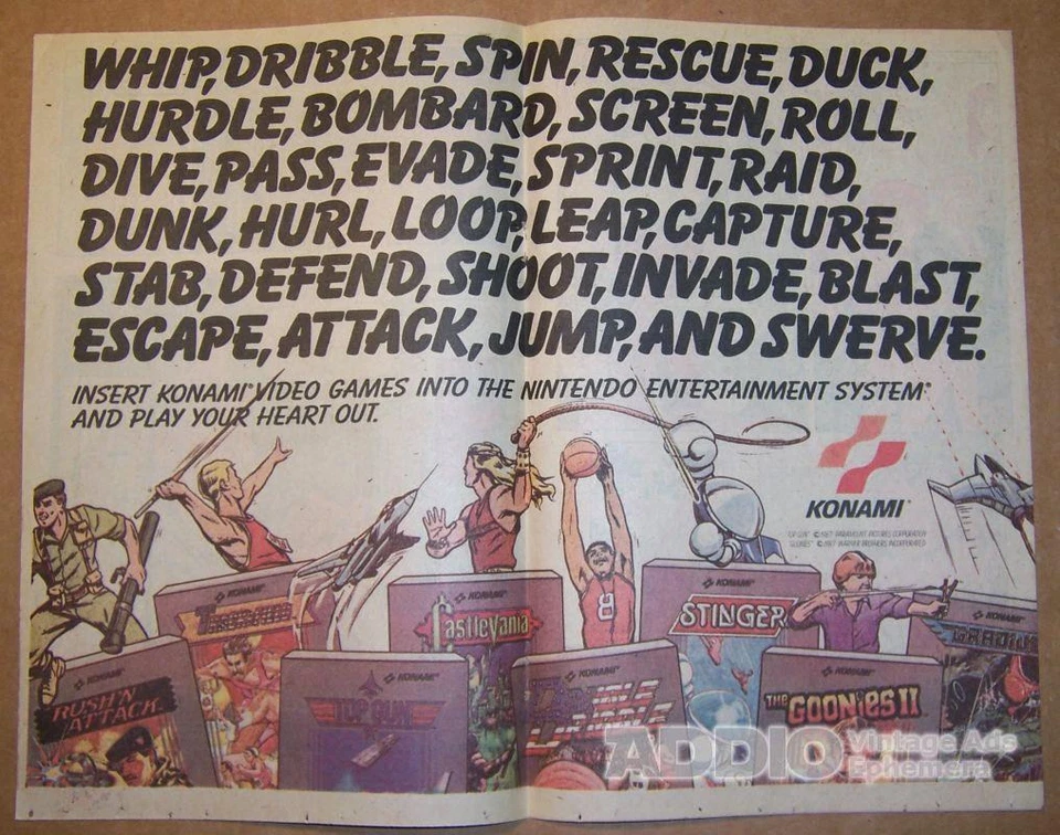 Konami video games 1987 PRINT AD vintage advertisement page Whip, Dribble... - Image 1 of 1
