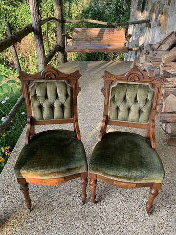 Two Gorgeous Antique Vintage Eastlake Chairs Green Velvet Carved Pair Cover