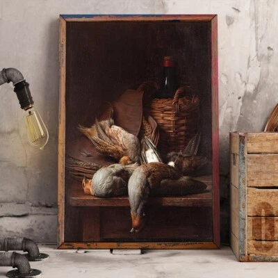 Still Life of Birds and Wine Classical Canvas Painting Retro Wall Art Print - Image 1 of 4