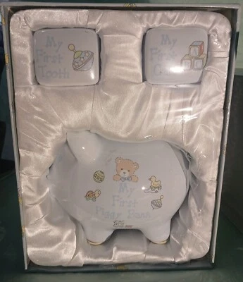 Baby Essentials 3 piezas Azul Cerámica Recuerdo Baby Shower Regalo Rizo Diente Hucha Foto 1 de 4