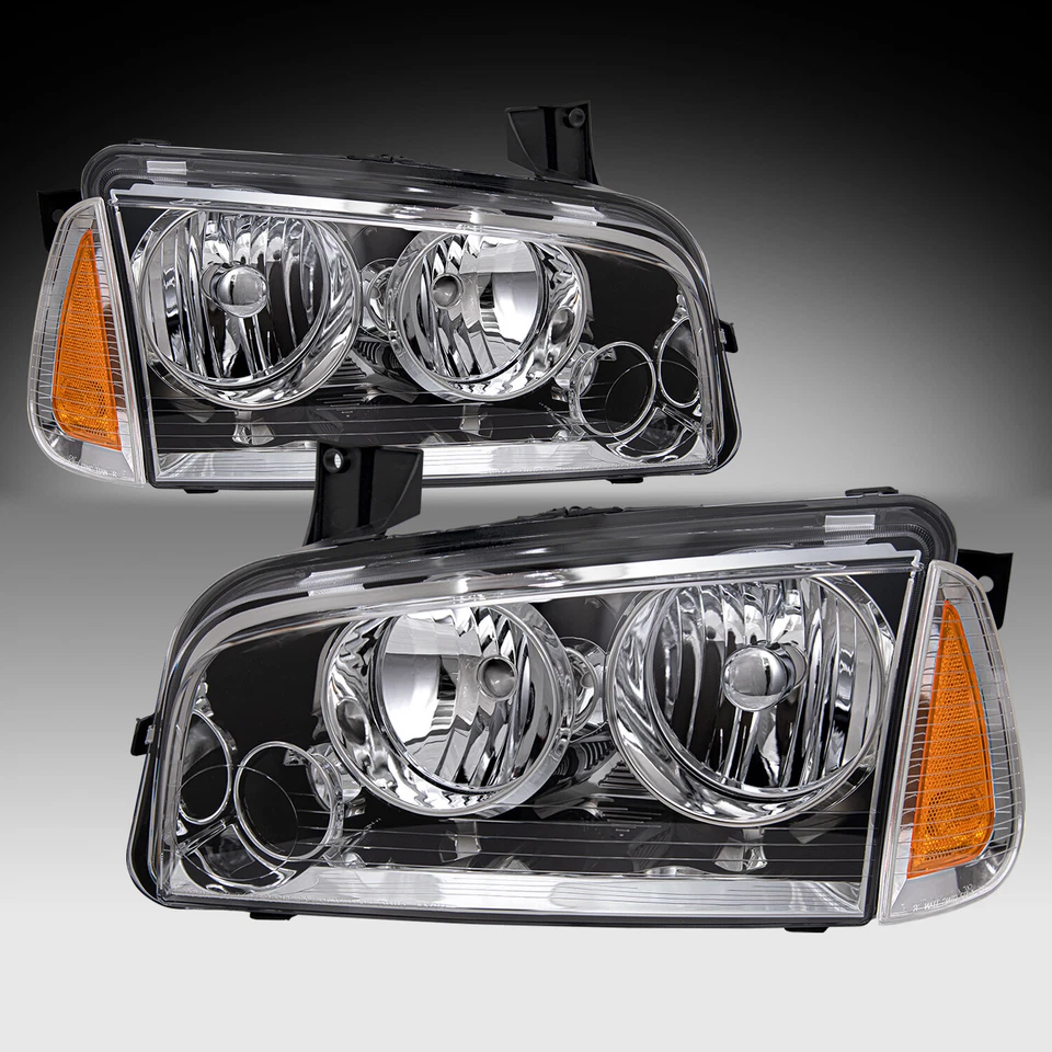 PAIR FOR DODGE CHARGER SE SXT SXT 2006-2009 CHROME AMBER HEADLIGHTS HEADLAMPS - Image 1 of 4